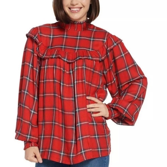 Peace Love World Plaid Ruffle Blouse Cabincore - Picture 1 of 7